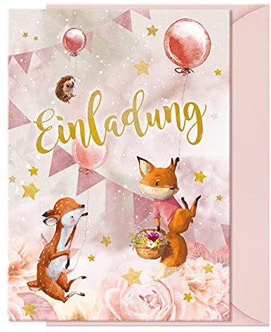 KOKO&LORA® 10x Einladungskarten für Kindergeburtstag mit rosa Umschlägen • Partyeinladungen für Mädchen und Jungen • Geburtstag Einladungen Kinder Waldtiere