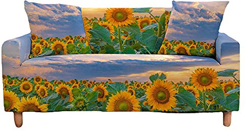 Fansushop Stretch Sofabezug Antirutsch Sofaüberwürfe mit Armlehnen, 3D Sonnenblumendruck Ecksofa L Form Sofa/Couchbezug/Sesselbezug für Wohnzimmer Wohnkultur (Landhausstil,3 Sitzer(190-230cm))