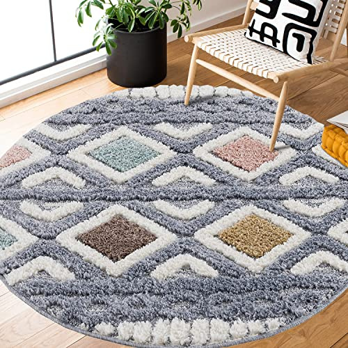 payé Teppich Rund - 200x200cm - Hochflor - Boho - Pastell Multi Grau - Einfarbig - Modern Raute Ornamente - Skandinavisch Flauschig Weich - Schlafzimmer Dekoration