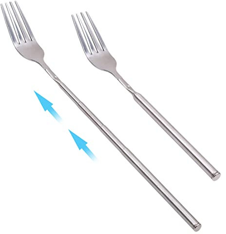 Ausziehbare Gabeln, Teleskop-Gabeln aus Edelstahl, ausziehbar auf 63,5 cm, Grill, Obst, Dessert, langer Griff, Gabel-Besteck, 2 Stück