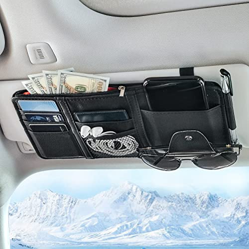Keedolla Car Sun Visor Organizer, Auto Interior Accessories Pocket Organizer Car Visor Storage Pouch Sunglasses Holder with Zipper Pocket for Car, Truck, SUV - Black