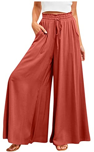Azruma Hose Damen Elegant Chiffon Kordelzug High Waist Plissee Weites Bein Lang Hose mit Taschen Palazzo Einfarbig Culottes-Hose Strandhose Lose Lässige Freizeithose Schlupfhose Pumphose