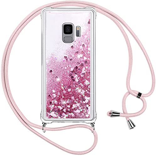 Vauki handyband für Samsung Galaxy S9 Hülle mit Band,Silikon Durchsichtig Transparent Flüssig Glitzer mit Kette Kordel Bumper Treibsand Necklace TPU Schutzhülle Case für Samsung S9,Rosa