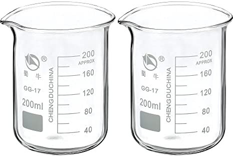 PATIKIL 200ml Low Form Glass Beaker, 2 Pack 3.3 Borosilicate Glass Graduated Printed Scale Measuring Cups with Spout for Kitchen Lab Liquids Transit Boiling