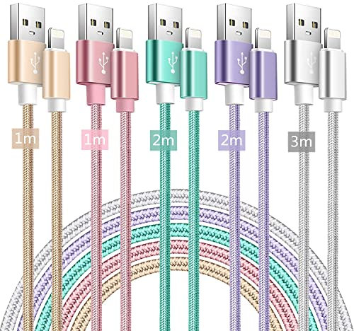MAIMEITE iPhone Lightning Cable, 5Pack MFi Certified Fast Charging, 5 Colors 1M/2M/3M USB A Nylon Braided for iPhone 14 13 12 11 X 8 7 6 Series and More