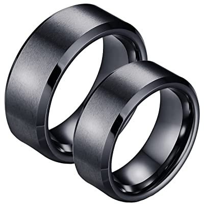 Whoiy Verlobungsringe Schwarz, Promise Ring for Couples Wolframcarbid 2 Stück 8mm Gebürsteter Ring mit Abgeschrägter Kante Gravur Personalisiert