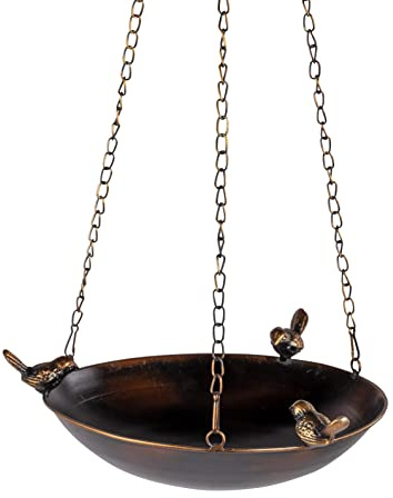 Geschenk-Himmel Vogeltränke hängend Wildvögel Vogel Tränke aus Metall braun-gold mit drei Vögel verziert (30 rund)