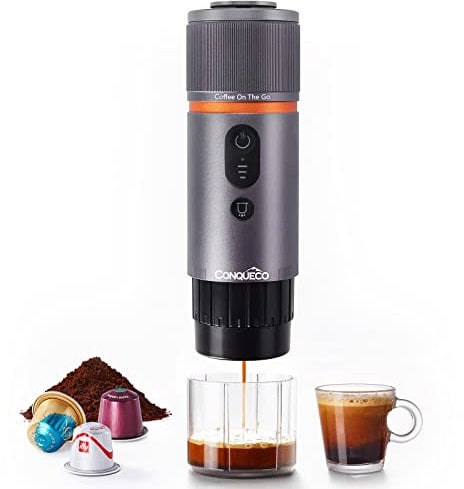 CONQUECO Kaffeemaschine Auto Espressomaschine 12v: Tragbare Akku Espresso Maker für Camping Reise - 2,5 Minuten Schnelles Erhitzen - 8 Tassen Espresso für Eine Ladung