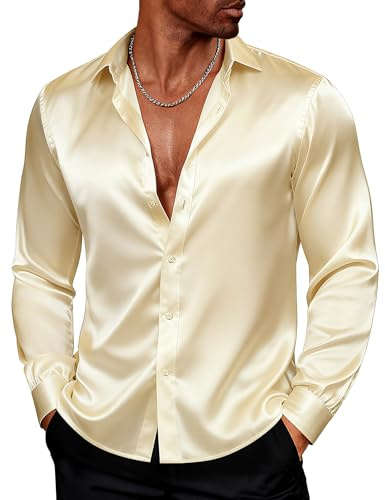 PJ PAUL JONES Men's Shiny Satin Dress Shirts Long Sleeve Button Down Silk Shirt with Bow Tie