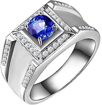 Saphir Ring Weißgold, Eheringe Modern 18 Karat (750) 1.195Ct Blau Runde Form 0.264Ct Diamant Weiß Größe 67 (21.3) Herren