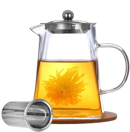 AODIGEGE Glass Teapots with Infuser 550ml Tea Pot with Heat Resistant Stainless Steel Removable Tea Strainer Teapot Cork Coasters,Tea Pot Infusers for Loose Tea,Coffee