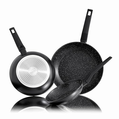 INTIGNIS Ceramic Frying Pan Set of 3 – 20cm/24cm/28cm – Non Stick – Induction Compatible – Die Cast Aluminium Construction – Stainless Steel Base (Black)