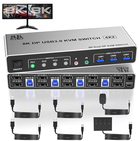 8K@60Hz Displayport USB 3.0 KVM Switch 2 Monitore für 4 Computer 8K@60Hz 4K@144Hz, DP1.4 Dual Monitor Displayport KVM Switch 4 Ports mit Audioausgang und 3 USB 3.0, 8K DP Monitor Switch für 4 PCs