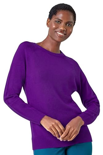 Roman Originals Soft Jumper for Women UK Ladies Winter Autumn Sweater Knit Knitwear Round Crew Neck Top Plain Lightweight Comfy Long Sleeve Split Hem Everyday Daywear - Purple - Size 10