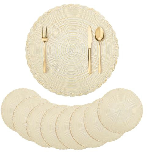 fanquare Runde Platzsets 8er Set Hitzebeständige Geflochtene Platzsets für Küchentisch 38cm Beige Runde Waschbare Tischsets