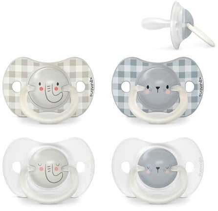 Suavinex, 4er-Set Night&Day Schnuller für Babys von 6-18 Monaten, Leuchtend im Dunkeln Babyschnuller, Schnuller mit Physiologischem Sauger SX Pro aus Silikon, Symmetrisch, Blaue, Grau