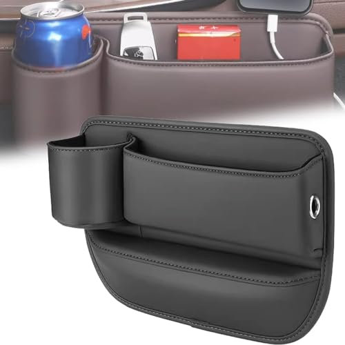 Naneug Car Leather Cup Holder Gap Bag,2024 New Multifunctional Car Seat Gaps Filler,Pu Car Console Side Pocket With Cup Holder, For Phones Glasses Keys Cards (Black)