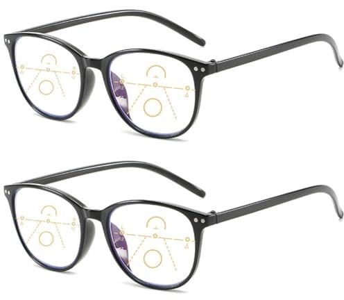 MAGIMODAC Gleitsicht Lesebrille Progressive Lesehilfe Sehhilfe Runde Oval Damen Herren Multifocus Lesebrillen Blaulichtfilter Brille 2xSchwarz 2.50