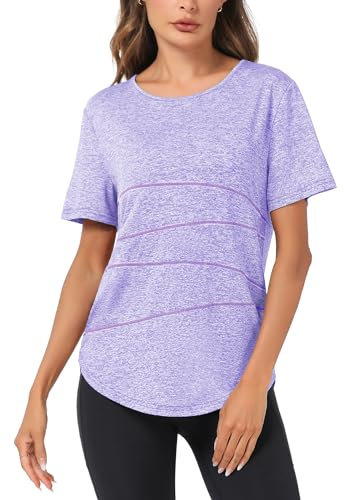 Terecey Sport T-Shirt Damen Fitness Yoga Shirt Damen Sport Shirt Rundhalsausschnitt Funktionsshirt Kurzarm Sport Oberteile für Gym Tennis Lila XXL