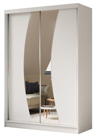 AGMAT-FURNITURE Schwebetürenschrank Bergen, Kleiderschrank mit 2 Türen und Spiegel, Moderne Garderobe in Farbe: Weiß/Weiß, Schrank in Größe: 150 x 216 x 61 cm