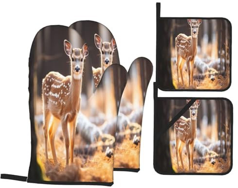 Juego de guantes de horno y soportes para ollas con estampado de ciervo de cola blanca en el desierto, 2 guantes aislados y 2 almohadillas para tapa de olla