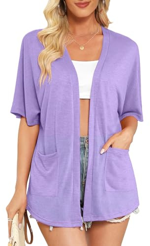 Wiwclo Cardigan a maniche corte da donna leggero cardigan estivo kimono casual sciolto spiaggia coprire orlo curvo con tasche, A12-viola, L