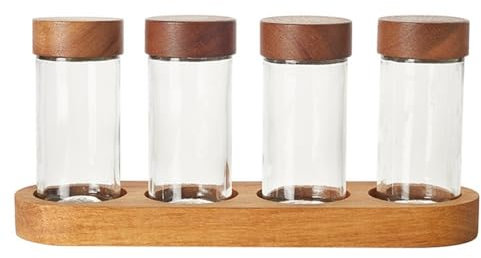 FOVAOK Bocal à assaisonnement rond en verre de 85 g avec couvercle en bois d'acacia, pot de rangement de cuisine, pot à épices de base de 4 pièces