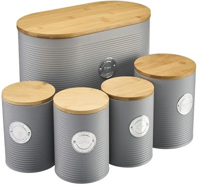 Cooks Professional 5 Piece Ribbed Tea Coffee Sugar Bread & Biscuit Cannisters with Air-Tight Bamboo Lids | Stainless Steel Kitchen Storage Bin Set | Modern & Stylish | Grey & Silver