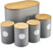 Cooks Professional 5 Piece Ribbed Tea Coffee Sugar Bread & Biscuit Cannisters with Air-Tight Bamboo Lids | Stainless Steel Kitchen Storage Bin Set | Modern & Stylish | Grey & Silver