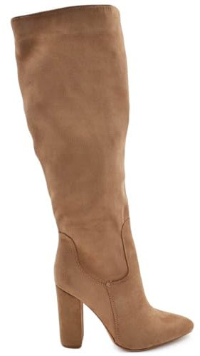 Stivali Donna Tortora camoscio a Punta con Tacco Largo Comodo 10 cm Gambale Largo Polpaccio Comodo Elastico (36 EU)