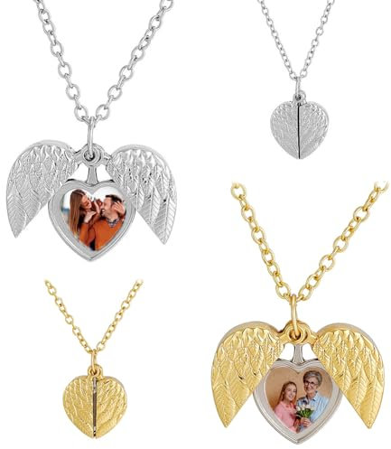 AHANDMAKER Lot de 2 médaillons avec photo de cœur et ailes d'ange 2 couleurs en métal - Médaillon en forme de cœur - Pour maman, petite amie - Cadeau d'anniversaire