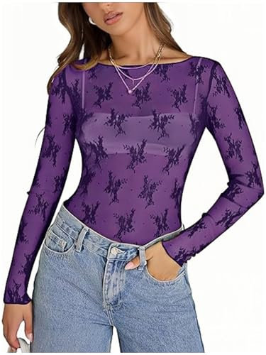 OOHOKAY Top a rete da donna in mesh Sheer Basic Shirt Sexy Camicetta trasparente Top a maniche lunghe trasparente, Viola scuro S1, M