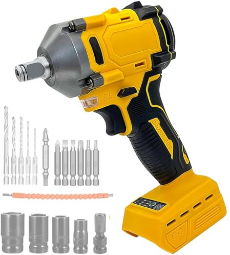Cordless Impact Wrench 1/2Inch, for Dewalt 18V Battery, Brushless Impact Gun, 3200rpm & Max Torque 350N.m, 18pcs Accessories High Torque Impact Wrench for Car Tire DIY Craft (No Battery)