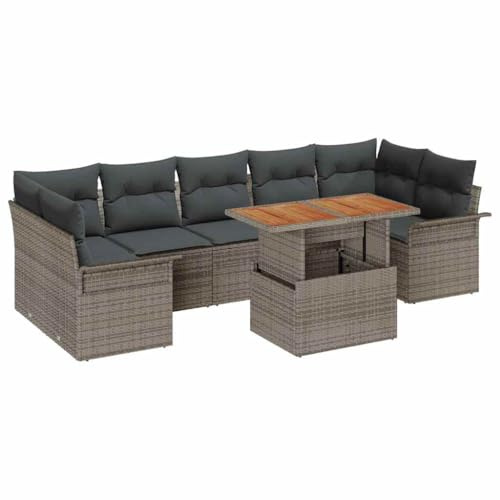 vidaXL 8-teiliges Gartensofa-Set mit Kissen in Grau aus Poly-Rattan – Modulare Outdoor-Möbel für Essen und Entspannung, Lounge-Sitzmöglichkeiten für die Terrasse, rechteckig