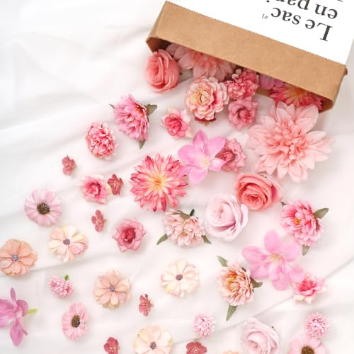 DEMIUKO 58 Stück Kunstblumen Blumenköpfe Blumen für Torte Blütenköpfe Rosa | Kunstblumen Klein, Künstlich Köpfe zum Basteln, Stoffblumen, DIY Pflanze, für Scrapbooking Hochzeit Party Tortendeko Handwerk