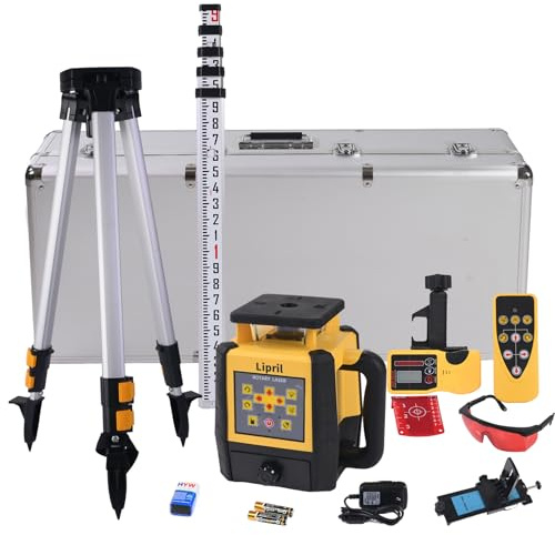 Lipril Rotary Laser Level Kit, ±1/16 @100' Accuracy, 2296FT Work Range, IP66 Self-Leveling Construction Laser Transit with Tripod & Grade Rod, Swappable Battery System for Construction Job, Red Bean