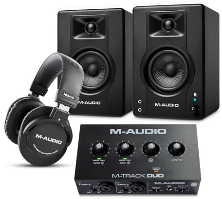 M-AUDIO BX4 Pair Bluetooth Studio Monitors Bundle with Dual XLR Audio Interface and Headphones for Studio Recording, Music Production, Podcasting, Streaming