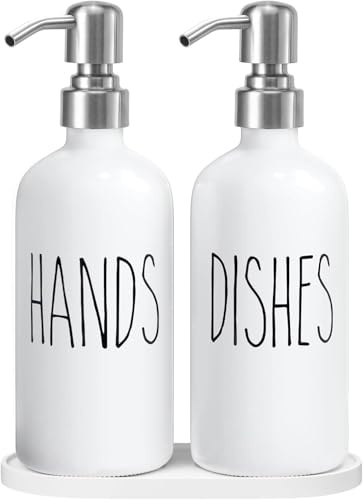 Raddile Glas Seifenspender, 500ml Handseifenspender und Spülmittelspender Set – Bauernhaus Seifenspender Küche mit Tablett – Pumpspender für Badezimmer (Weiße Flasche+Silber Pumpe)