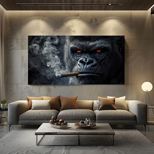 ZORYAN Bild auf Leinwand Tier Gorilla Groß, XXL Wandbilder Wohnzimmer | Horror Affe Moderner Kunstdruck für Schlafzimmer Malerei Rauch 60x120cm Bilder für die Wand, Wanddeko