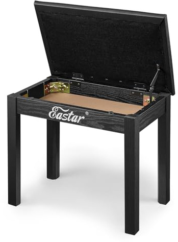 Eastar Piano Bench with Storage, Solid Wood Keyboard Bench Piano Stool Chair Seat with Bookcase and PU Leather Cushion, 53x33x47cm, Black