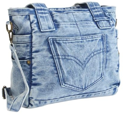 irisaa Damen Umhängetasche in Jeansoptik, Stylische Denim Handtasche, Vintage Schultertasche für Alltag & Freizeit, Crossbody Bag