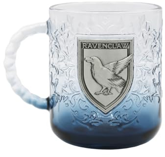 Harry Potter Ravenclaw Glass Mug, 414ml | House Mascot Collection, Blue Gradient, Silver Plaque, Collectible Gift for Harry Potter Fans