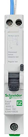 Schneider Electric Easy9 - RCBO Residual Circuit Breaker with Overcurrent Protection, 1 Pole, 20A, 30mA, Type A, B Curve, EZ9D16820