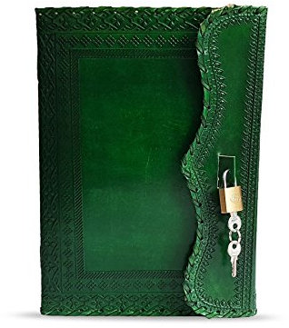 Jaald 25 cm Notizblock Notizen Notizbuch Seiten Handgemacht Album Tagebuch Leder mit Lederbezug Geschenke Antik Keltische Schloss Schlüssel Schliesse - Grün