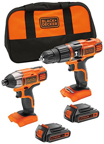 BLACK+DECKER 18 V Cordless Hammer Drill Power Tool with Impact Drill Driver and Storage Tool Bag, 2 x 1.5 Ah Lithium-Ion Batteries, BDCHIM18B-GB