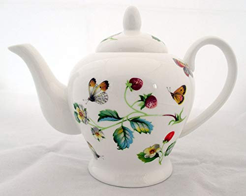 fromeuropewithlove Tetera de porcelana fina con diseño de fresas y mariposas, 591 ml, decorada a mano en Reino Unido