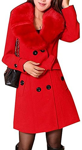 Damen Wintermantel Wollmantel Mit Faux Pelz Kragen Parka Herbstjacke Elegant Zweireihiger Trenchcoat Lang Mantel Übergangsjacke Dufflecoat Outwear Mit Gürtel (DE 32, Rot)