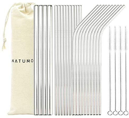 NATUMO Paille Premium en Acier Inoxydable INOX Set de 24 Pcs - 4 Brosses de Nettoyage Gratuites - Pailles Réutilisables Métalliques, Pailles de Boisson Cocktail Gin Lavable au Lave-Vaisselle