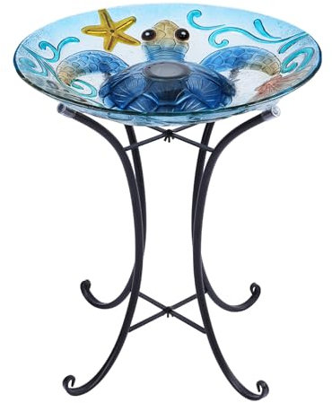 MUMTOP Vogeltränke aus Glas, Vogeltränke für den Außenbereich, Solar-Vogelfutterstation mit Metallständer für Garten, Hof, Rasen, Dekoration, Muster: Meeresschildkröten, ca. 55 x 46 cm, blau