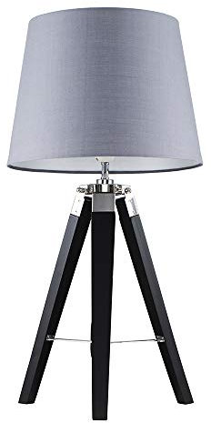 MiniSun | Black Wood and Silver Chrome Tripod Table Lamp with a Grey Light Shade | Home Décor, Bedside & Desk Lamp | Includes Bulb [3000K Warm White]